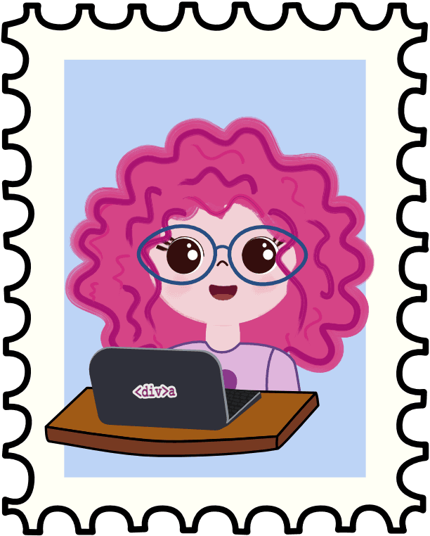 post Stamp with a illustration of a girl with magenta hair coding